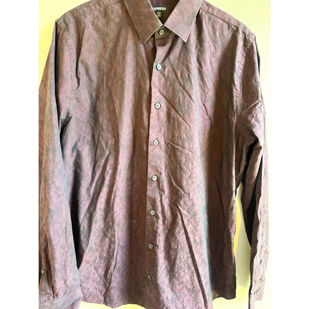 Express Mens Large Slim Fit Purple Floral Long Sleeve Button-Up Point Collar